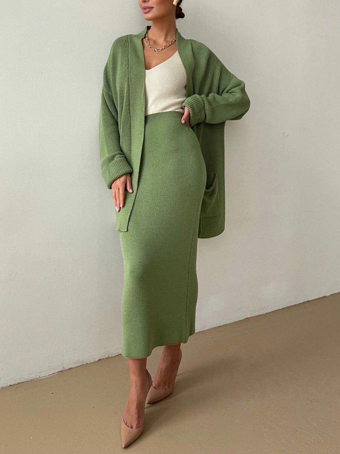 Pocketed Long Sleeve Cardigan and Skirt Sweater Set - felvior