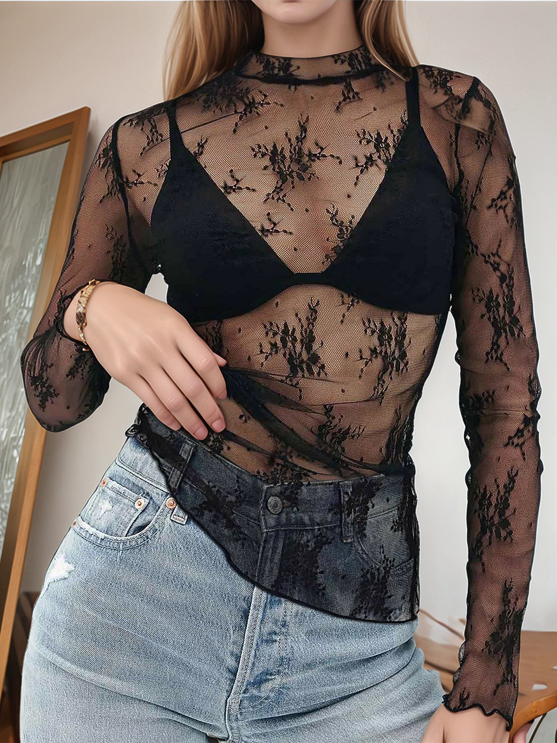 Floral Mock Neck Long Sleeve Mesh Top