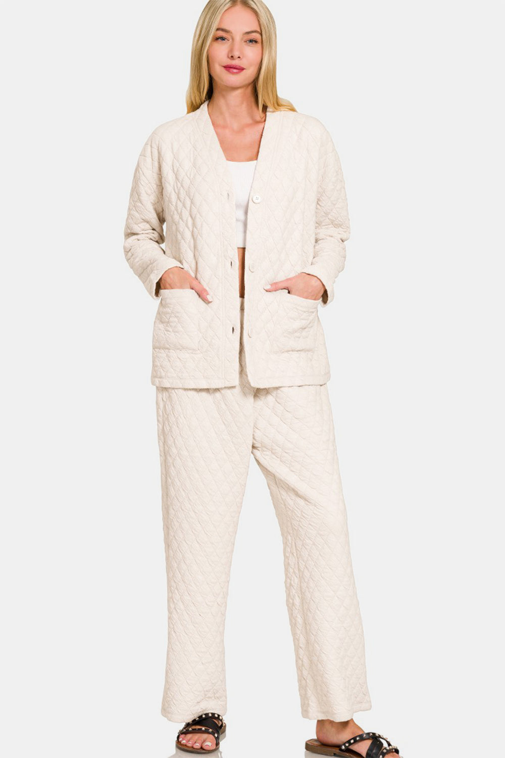 Zenana Quilted Button Up Long Sleeve Top and Pants Lounge Set Image principale du produit
