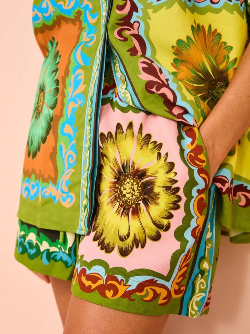 Printed Button Down Top and Drawstring Shorts Set