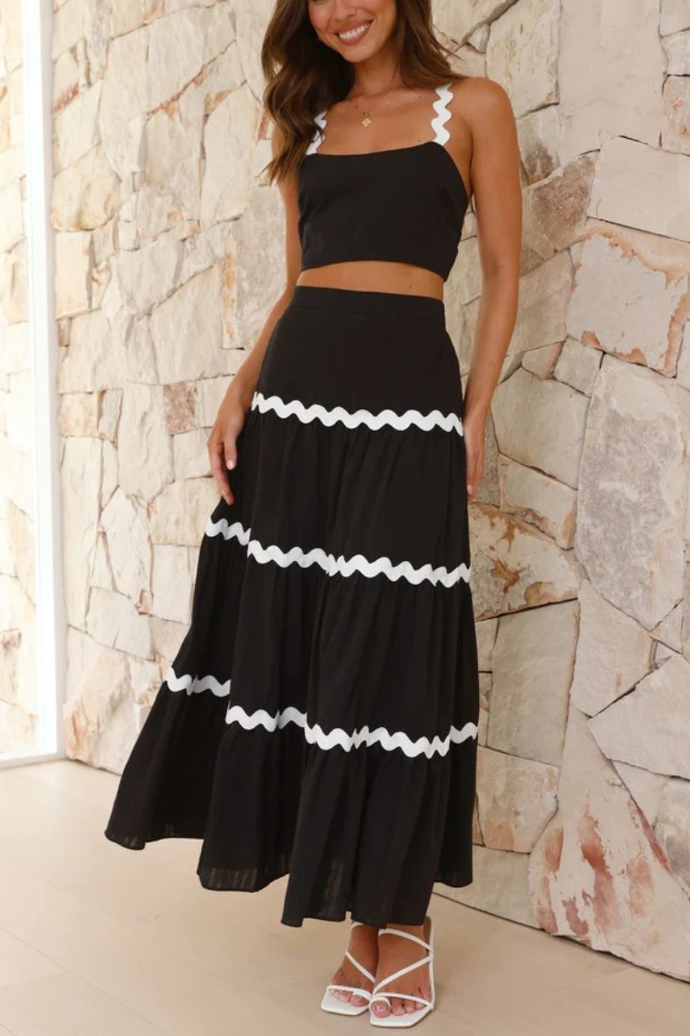 Contrast Trim Cami and Maxi Skirt Set - felvior