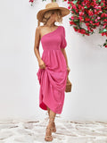 Smocked One-Shoulder Midi Dress - felvior