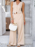 Devine Button Down Lace Detail Vest and Pants Set