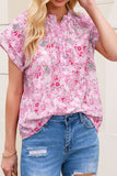 Floral Half Button Round Neck Short Sleeve Blouse - felvior