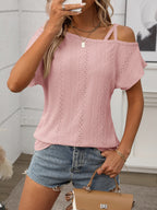 Eyelet Asymmetrical Shoulder Short Sleeve T-Shirt