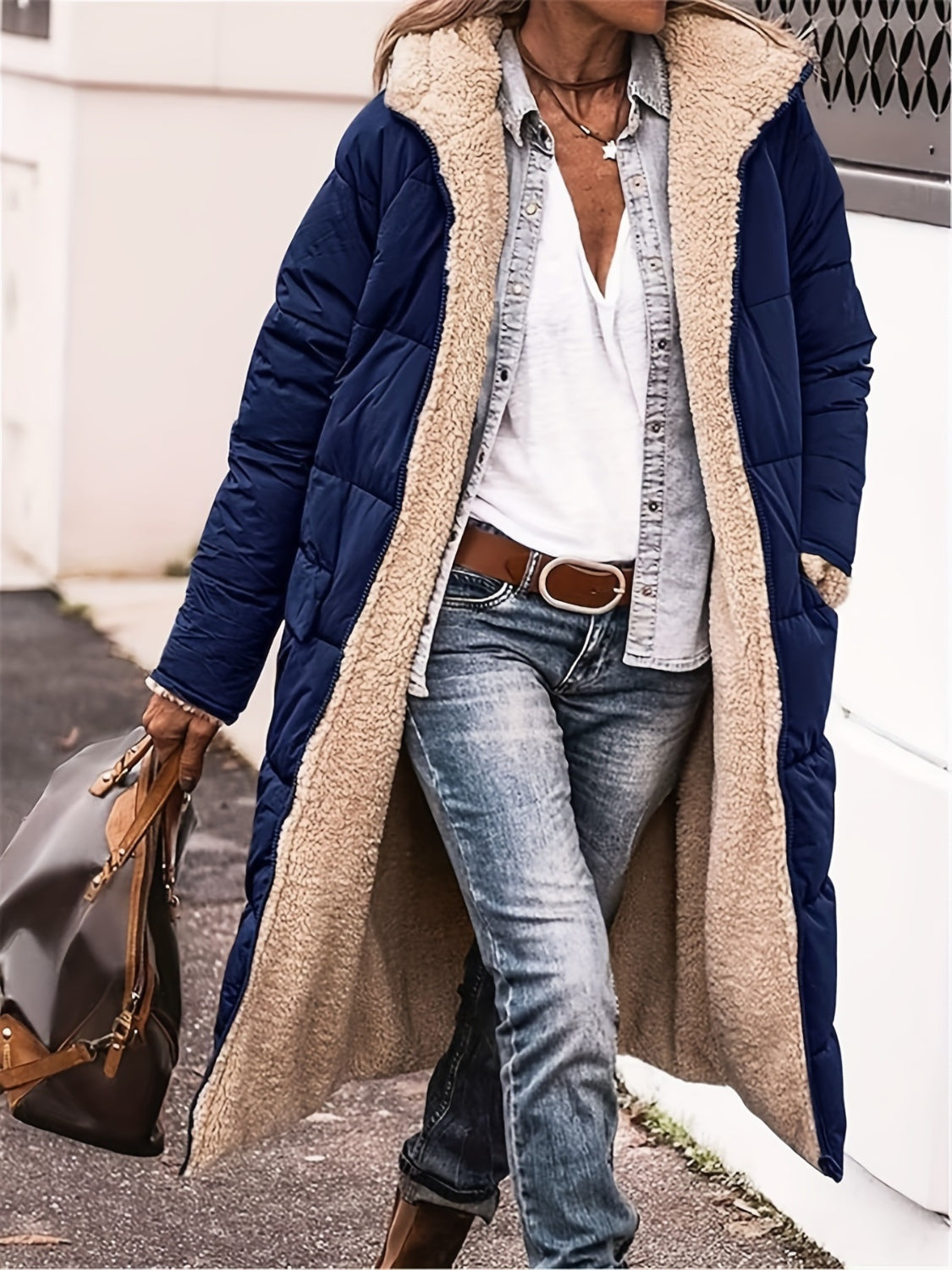 Full Size Zip Up Sherpa Hooded Coat - felvior