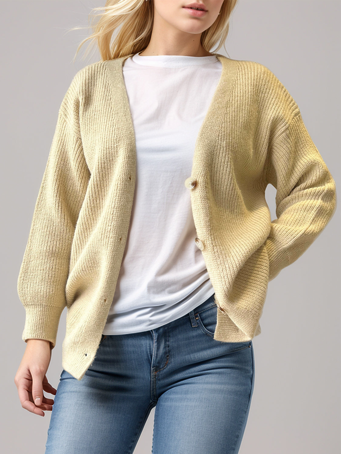 Button Down V-Neck Long Sleeve Cardigan - felvior