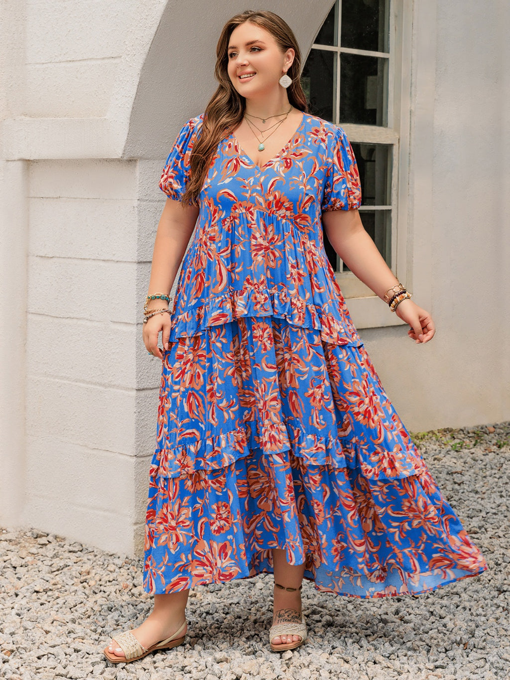 Plus Size Ruffled Printed V-Neck Short Sleeve Maxi Dress