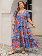 Plus Size Ruffled Printed V-Neck Short Sleeve Maxi Dress