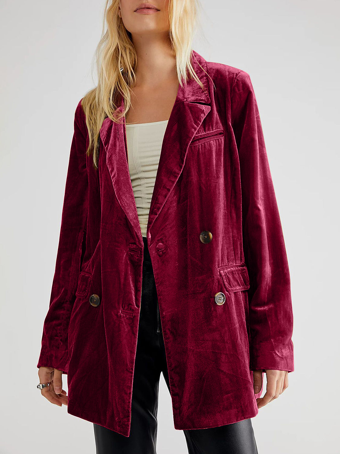 Lapel Collar Long Sleeve Blazer with Pockets - felvior