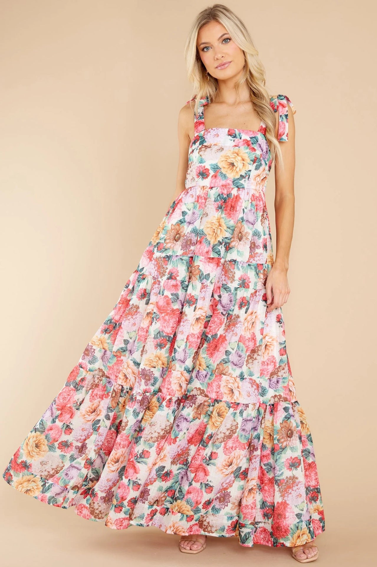 Floral Square Neck Wide Strap Maxi Dress - felvior