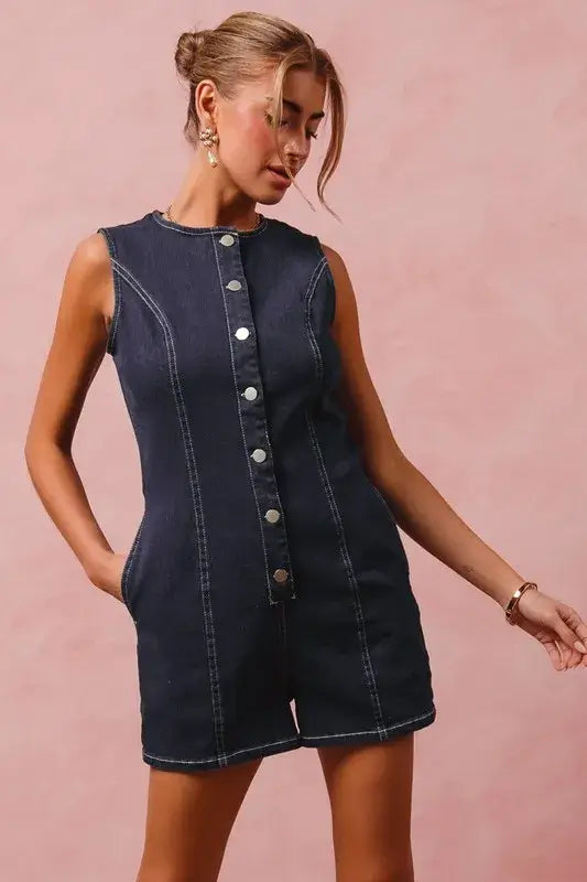 SO ME Button Up Front Washed Denim Sleeveless Romper