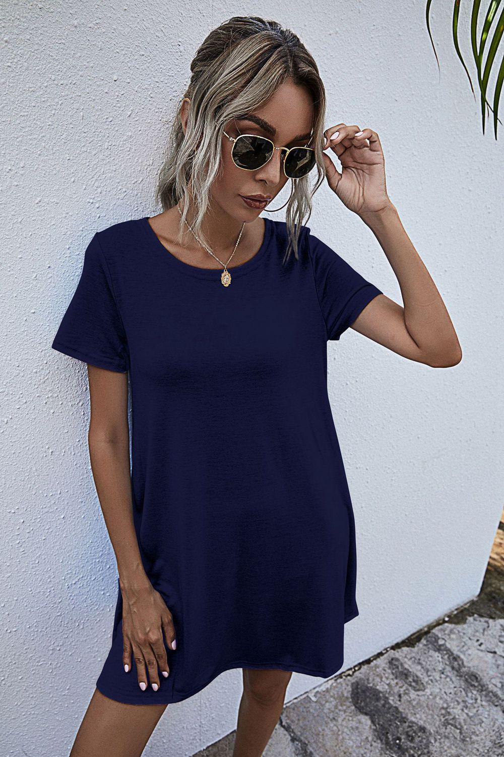 Round Neck Short Sleeve Mini Dress - felvior
