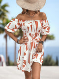 Printed Off-Shoulder Smocked Waist Dress - felvior