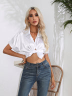 Button Down Collared Neck Short Sleeve Satin Shirt