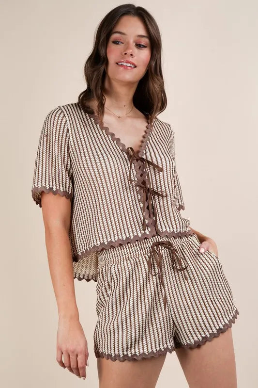 VERY J Wave Trim Detail Knit Top & Shorts Set