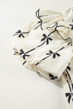 Bow Print Tie Neck Short Sleeve Blouse