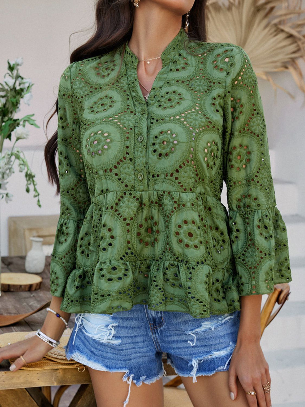 Devine Half Button Flounce Sleeve Peplum Blouse - felvior