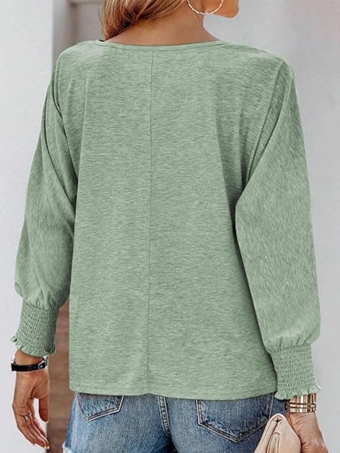 Round Neck Smocked Lantern Sleeve T-Shirt - felvior