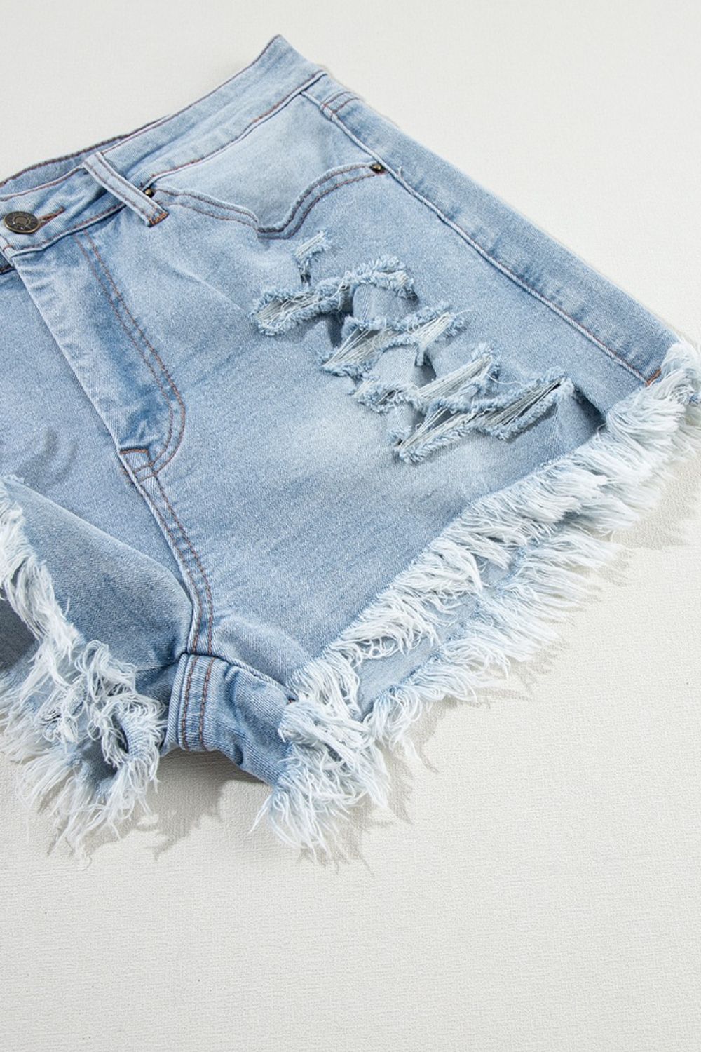 Distressed Raw Hem High Waist Denim Shorts - felvior