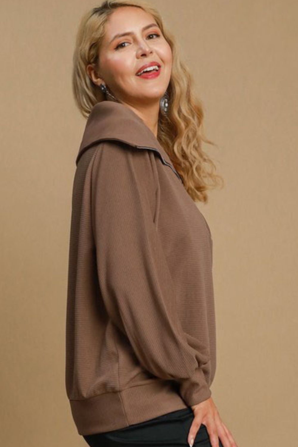 Umgee Full Size Ribbed Knit Half Zipper Sweatshirt Plus Size