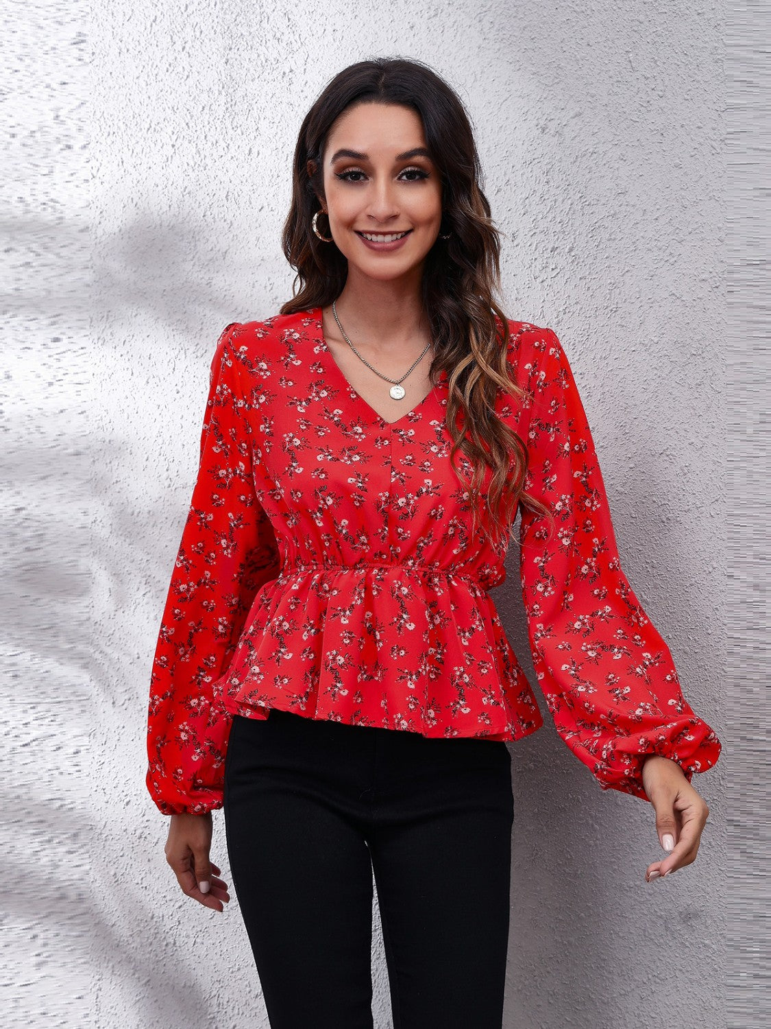 Floral V-Neck Balloon Sleeve Peplum Blouse - felvior