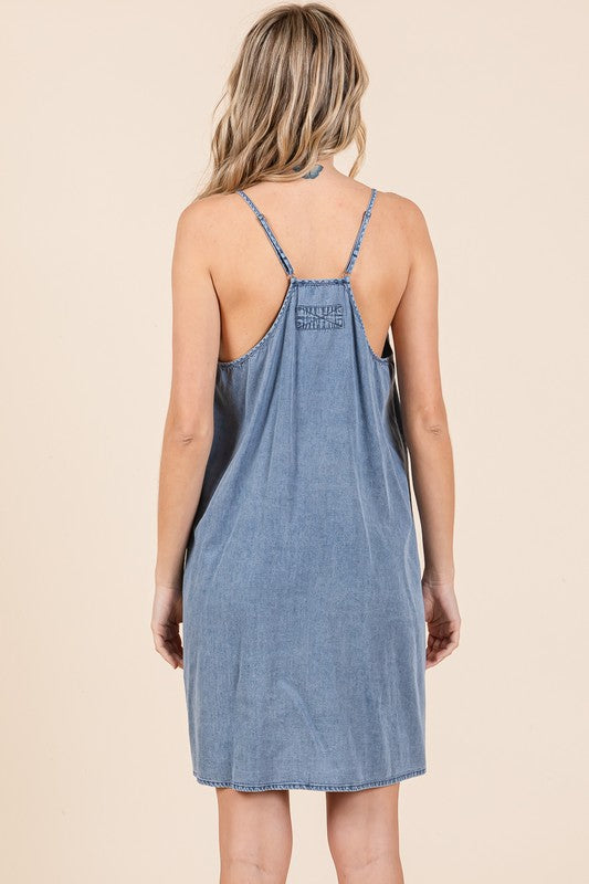 Mittoshop Washed Patch Pocket Mini Cami Denim Dress - felvior