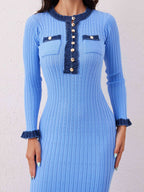 Contrast Trim Round Neck Long Sleeve Sweater Dress