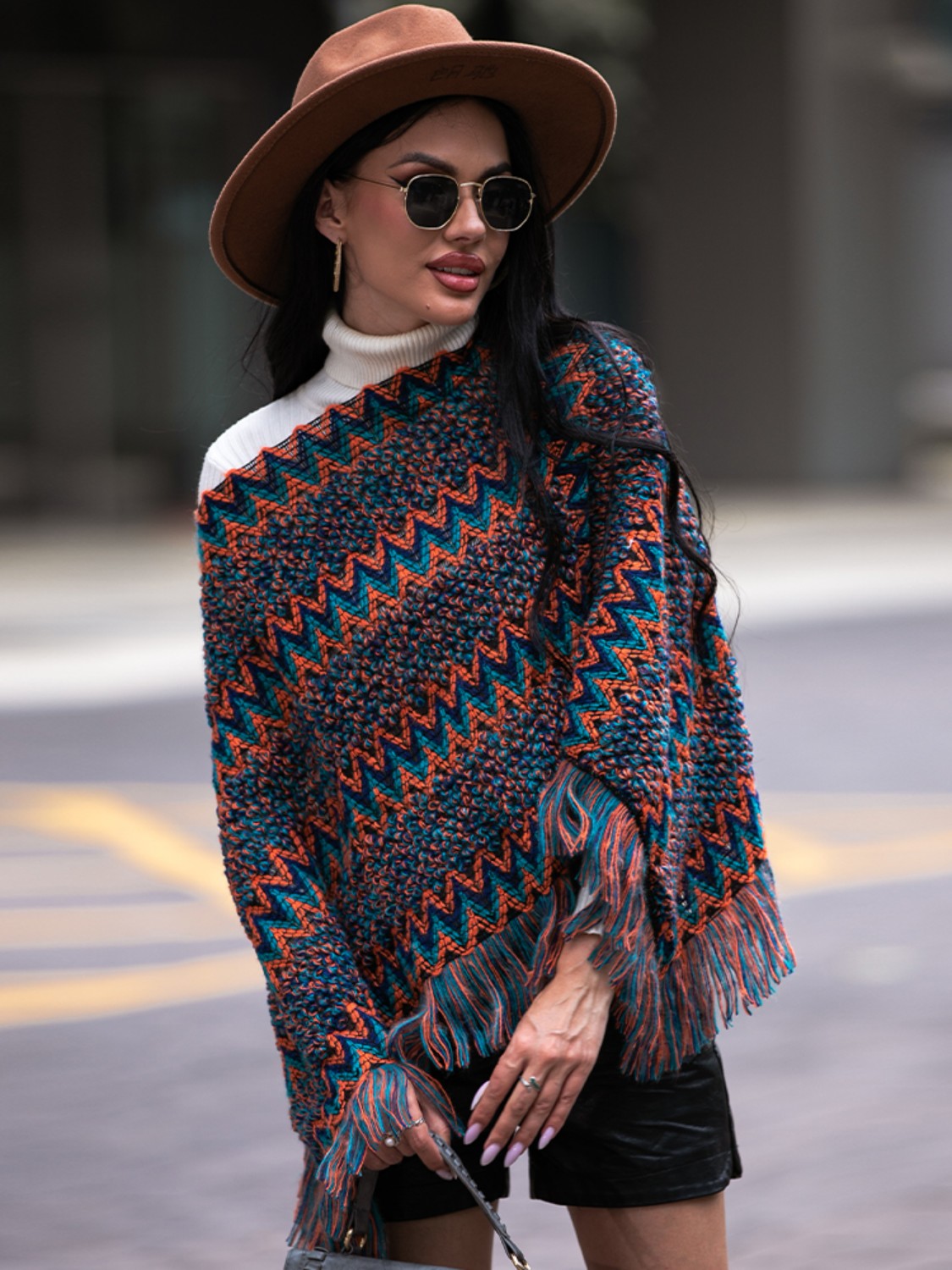 Shiny Fringe Hem Boat Neck Poncho - felvior
