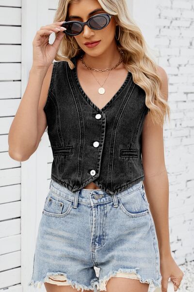 Button Down V-Neck Denim Vest