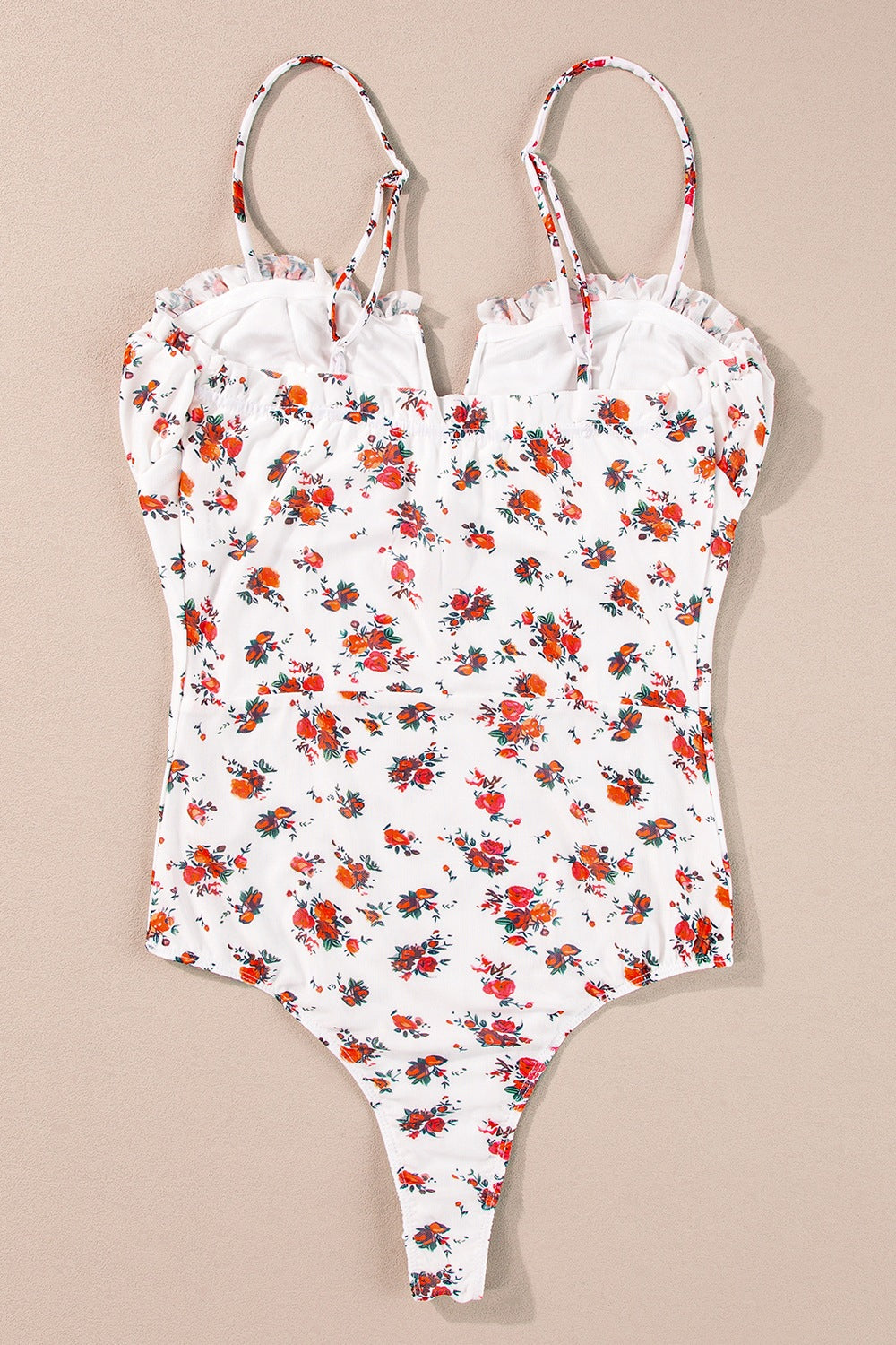 Floral Frilled Trim Spaghetti Straps Bodysuit - felvior