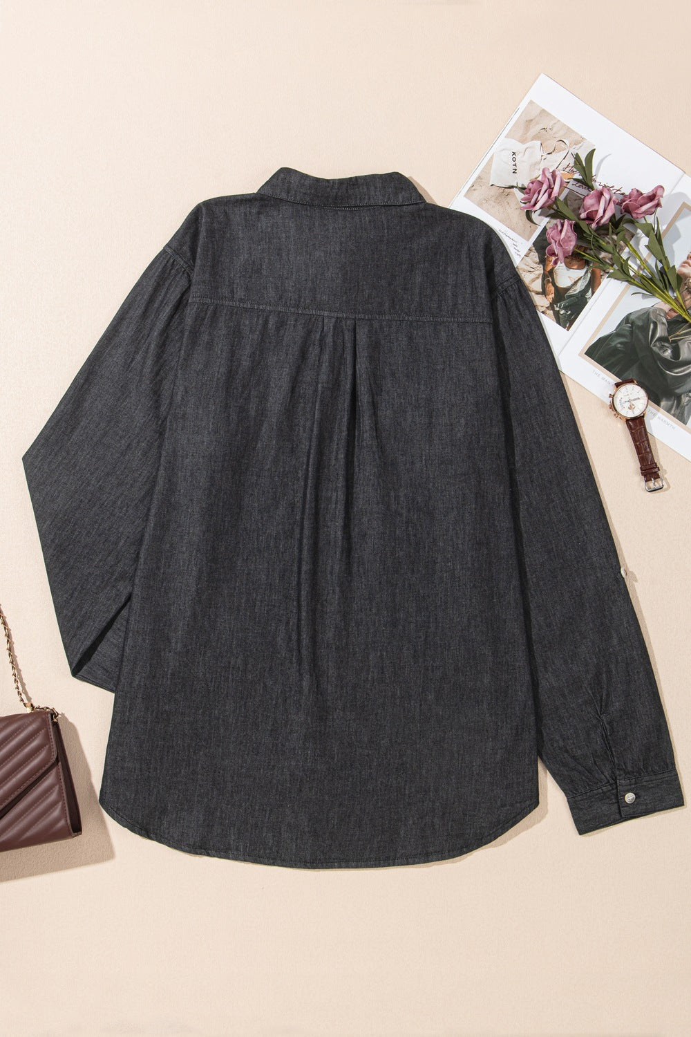 Pocketed Collared Neck Long Sleeve Denim Top - felvior