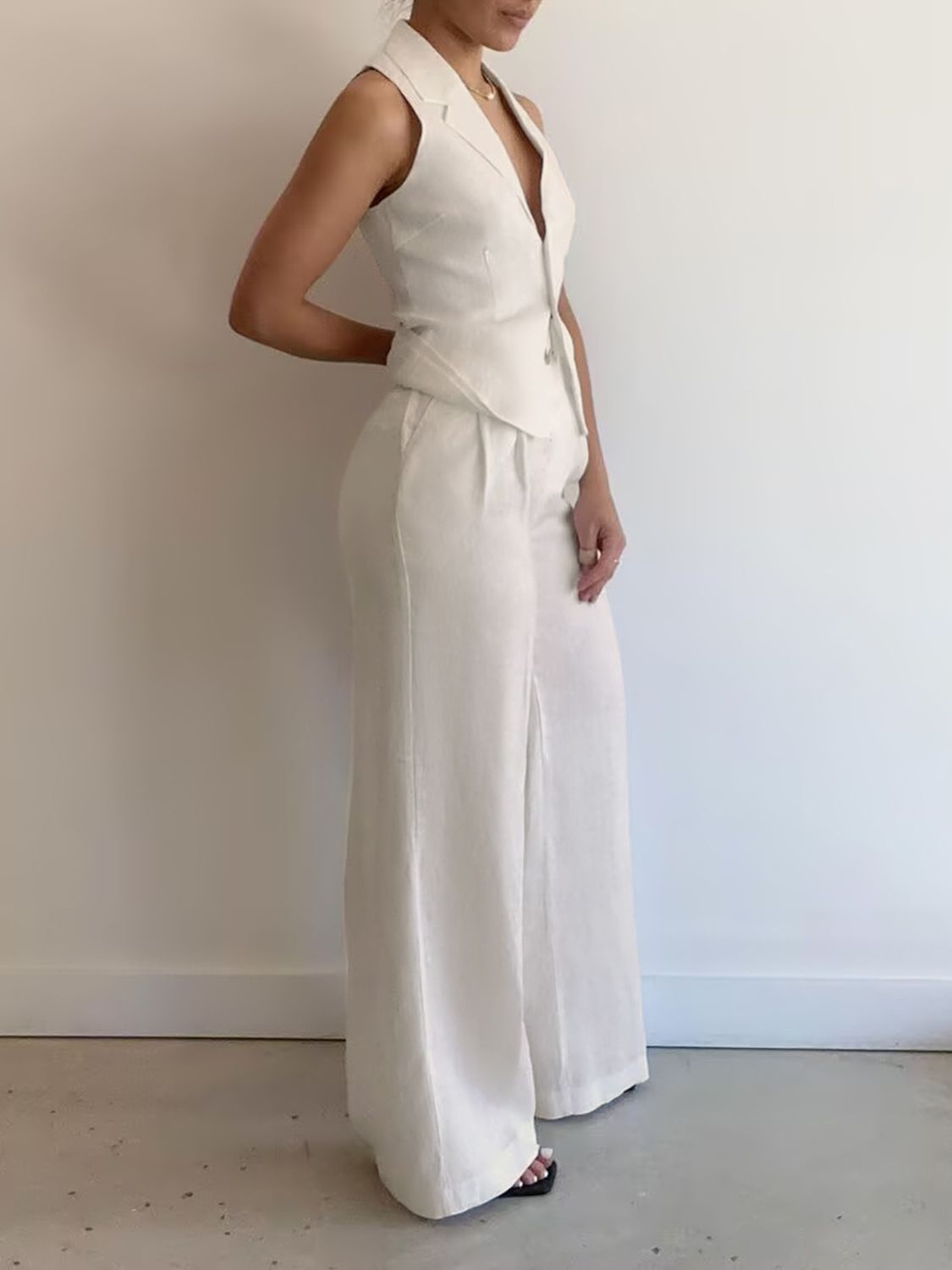 Devine Lapel Collar Sleeveless Top and Pants Set