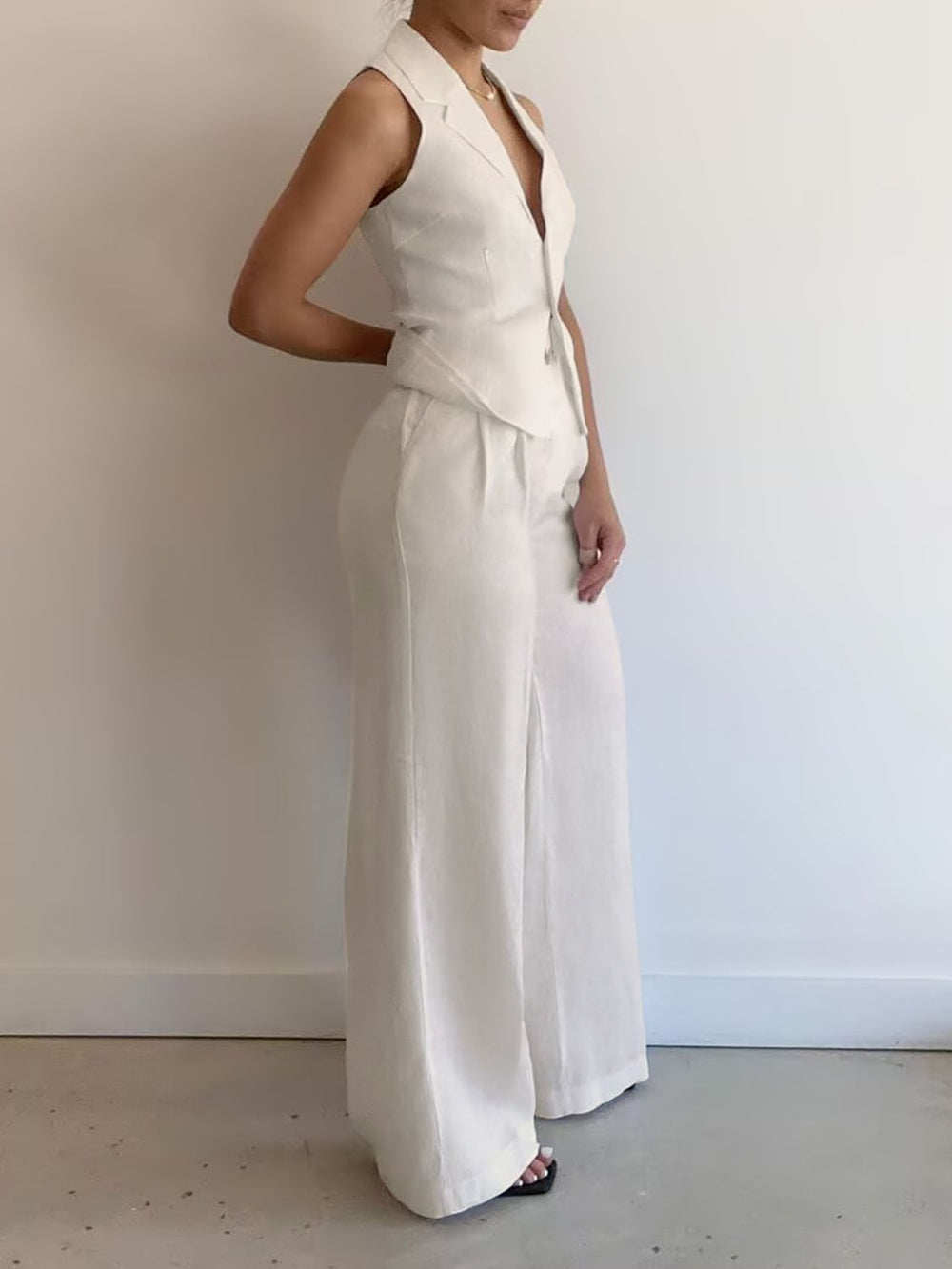 Devine Lapel Collar Sleeveless Top and Pants Set