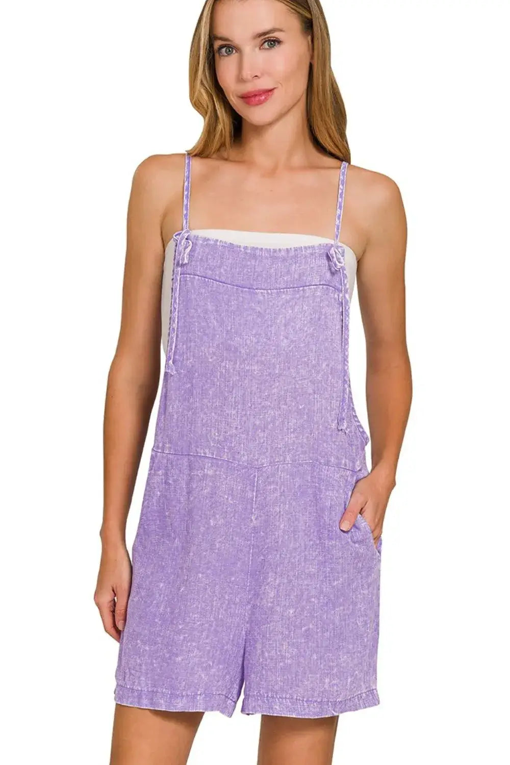 Zenana Washed Linen Knot Strap Rompers Hauptbild
