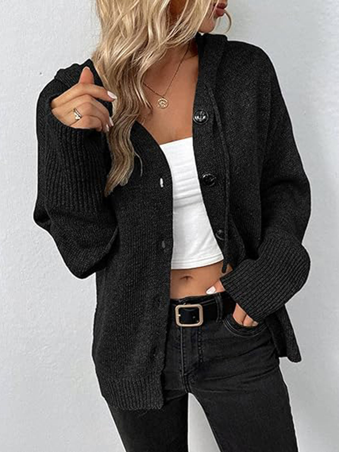 Button Up Drawstring Long Sleeve Hooded Cardigan - felvior
