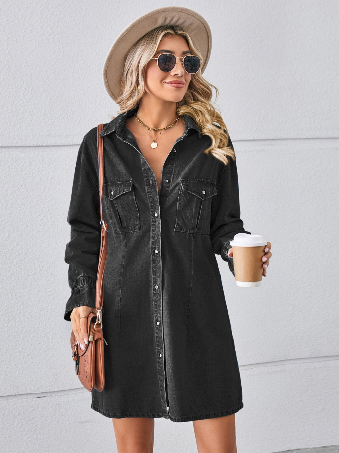 Pocketed Dropped Shoulder Mini Denim Dress - felvior