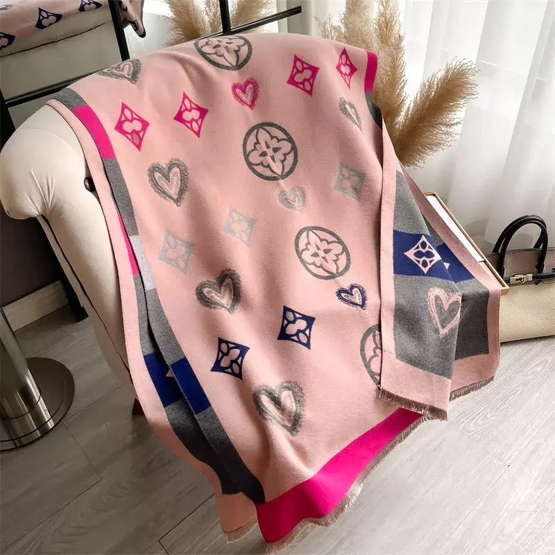 Alt Tag: raw hem polyester scarf in pink with heart and geometric pattern, soft fashion wrap with fringed edges