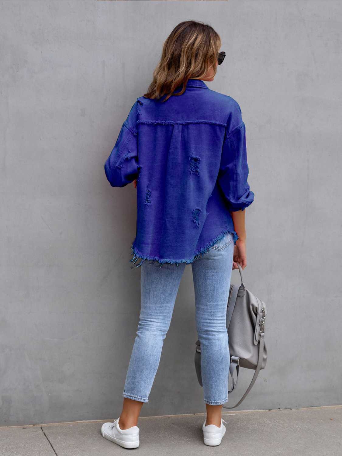 Distressed Drop Shoulder Denim Jacket - felvior