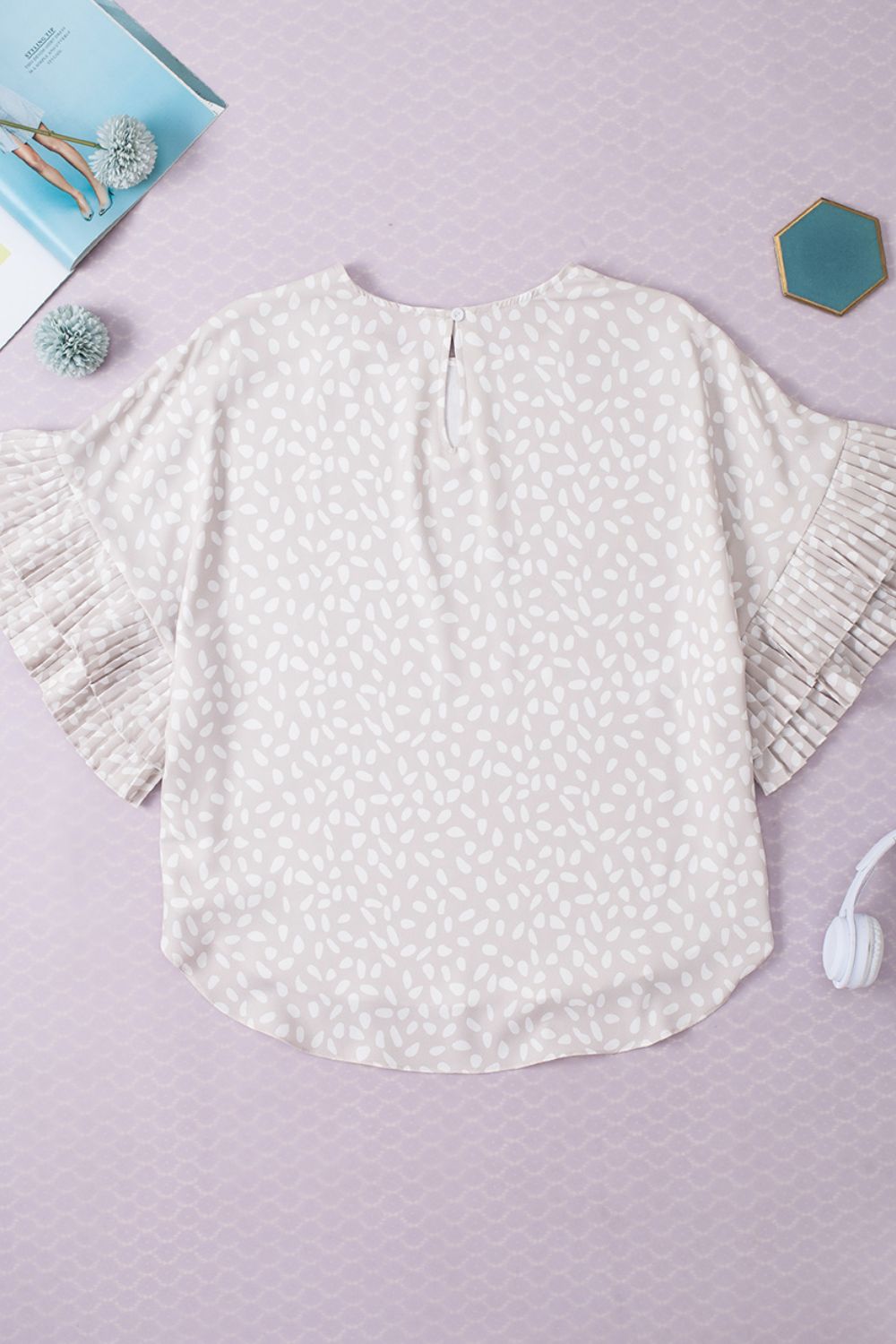 Printed Round Neck Ruffled Half Sleeve Blouse - felvior