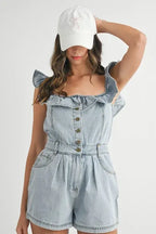 MABLE Off Shoulder Ruffle Detail Denim Romper