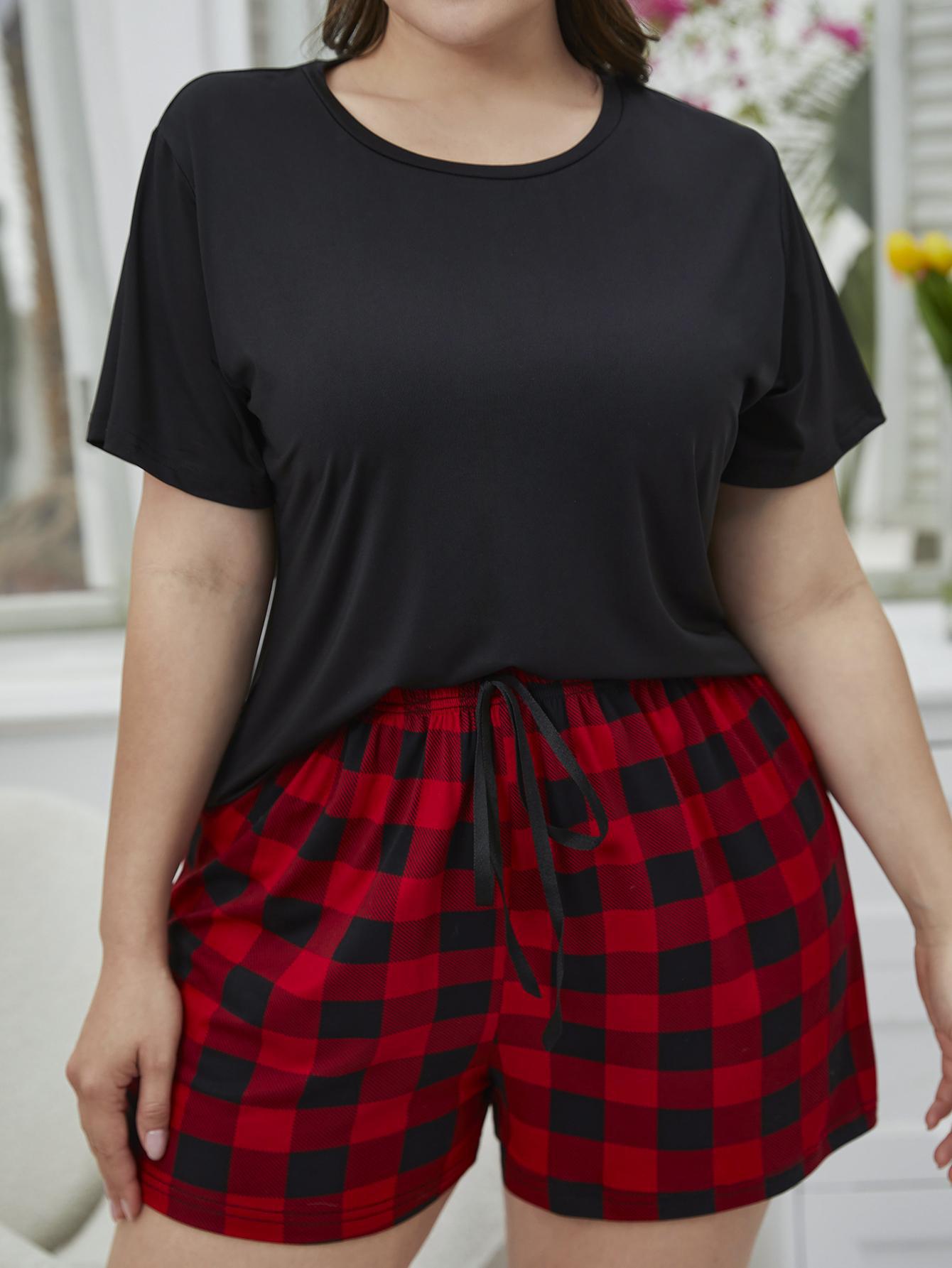 Plus Size Round Neck Tee Shirt and Plaid Shorts Lounge Set - felvior