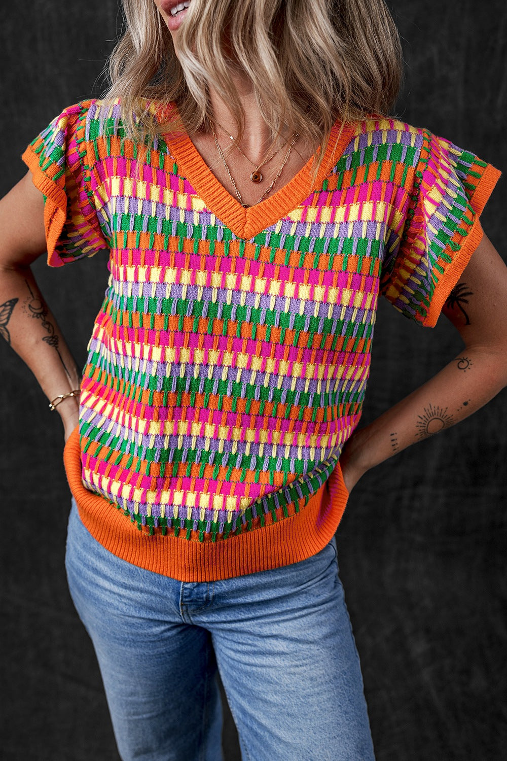 Contrast Striped V-Neck Knit Top - felvior