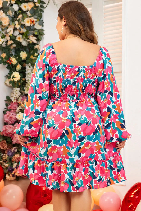 Plus Size Smocked Floral Square Neck Balloon Sleeve Dress - felvior