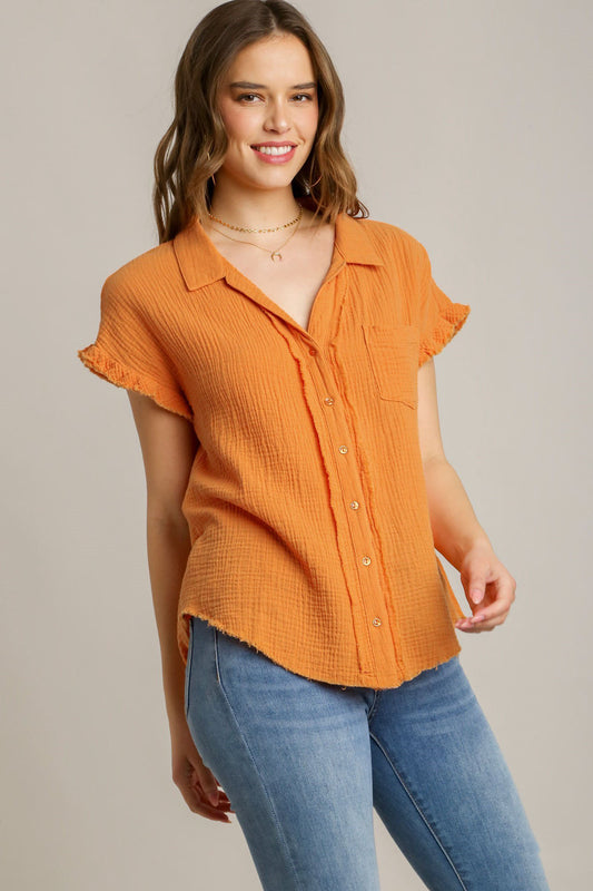 Umgee Full Size Frayed Hem Collared Neck Short Sleeve Shirt Plus Size - felvior