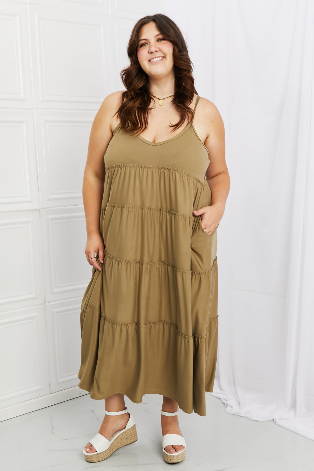 Zenana Full Size Spaghetti Strap Tiered Dress with Pockets in Khaki - felvior