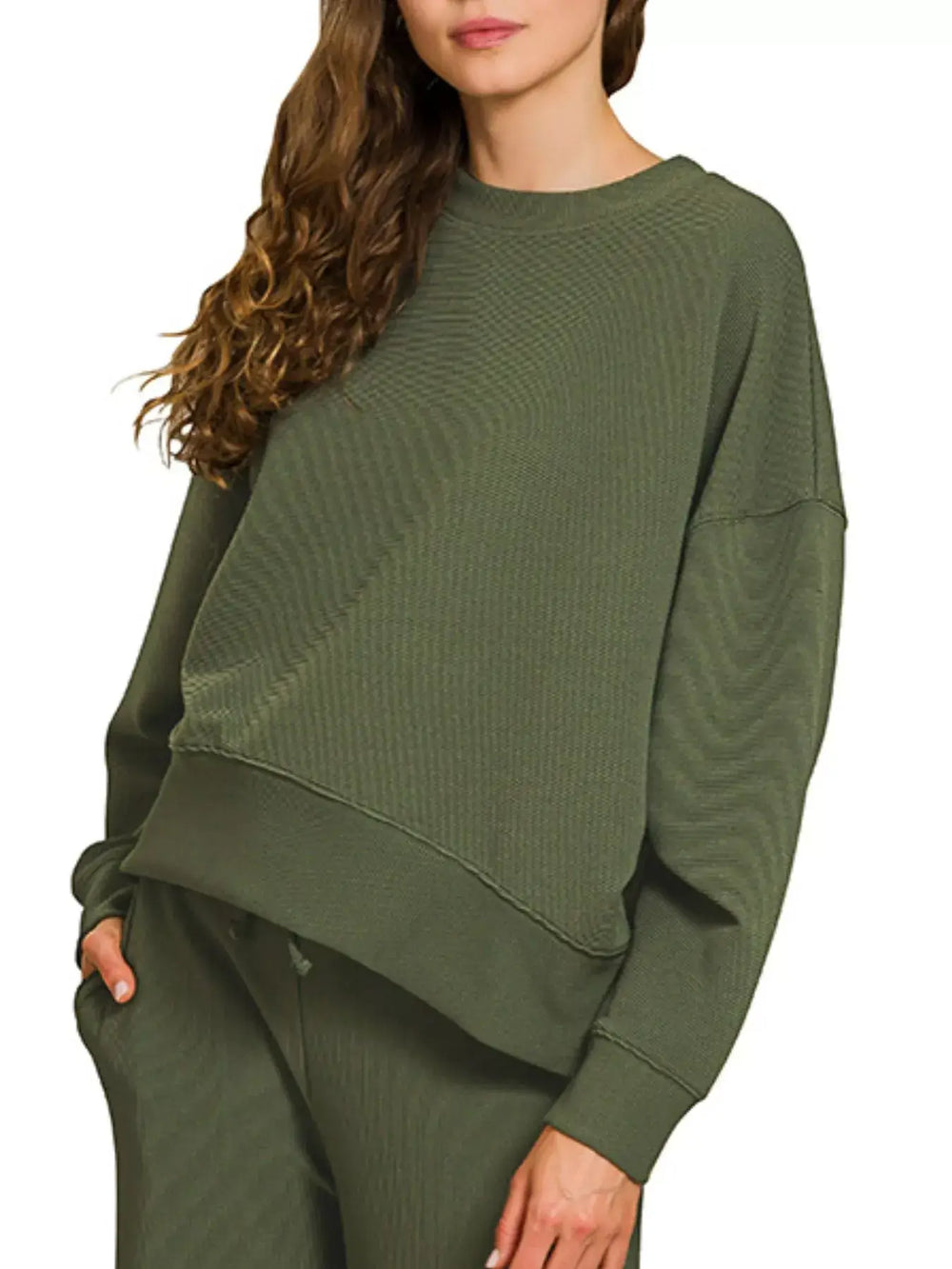 Zenana Ribbed Round Neck Pullover and Drawstring Pants Set