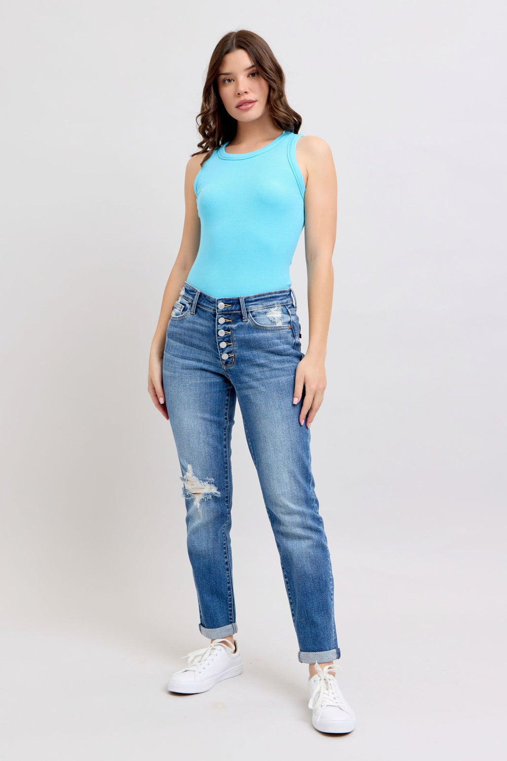 Judy Blue Full Size Button Fly Distressed Jeans with Pockets Plus Size - felvior