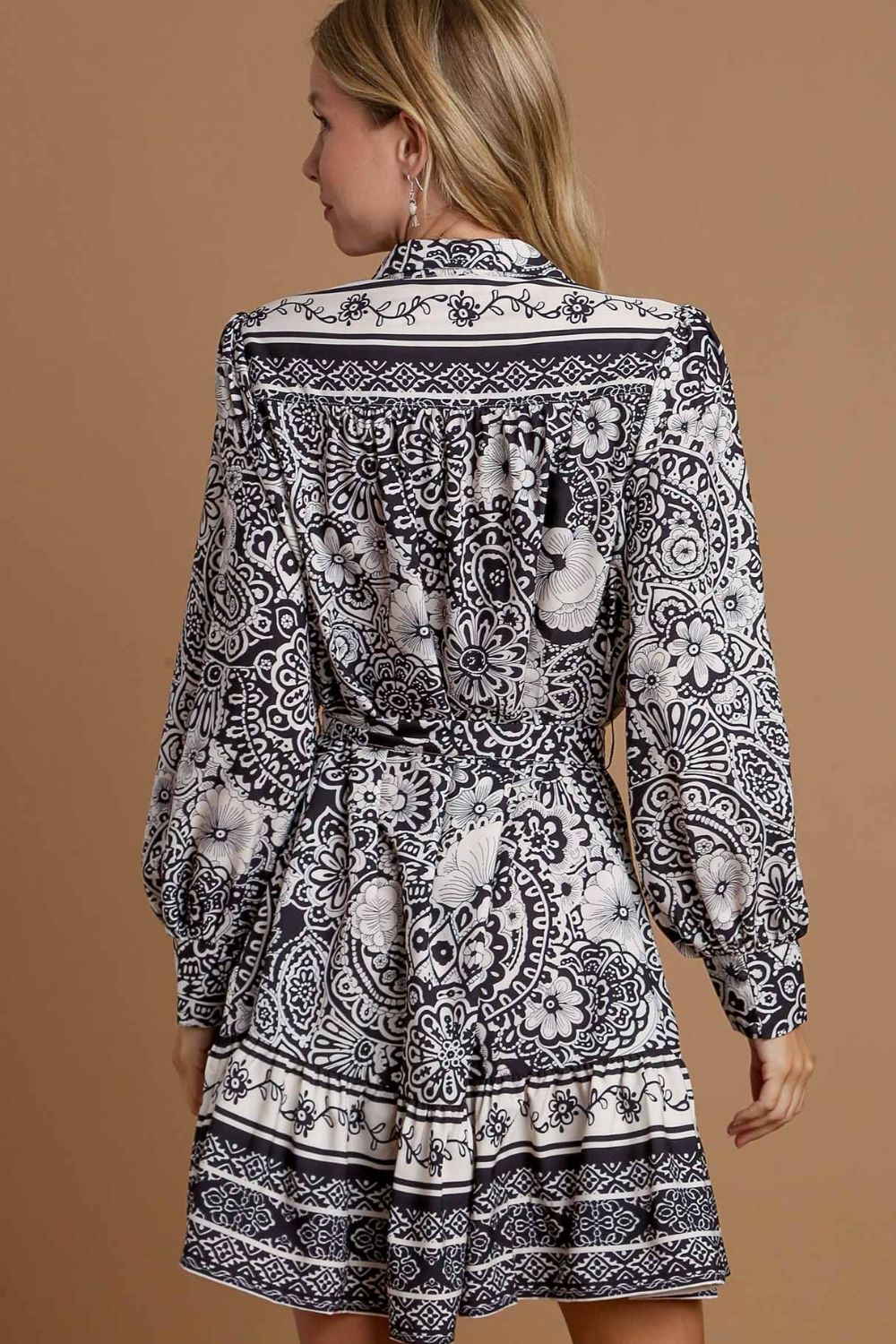 Umgee Full Size Two Tone Floral Border Print Tie Waist Mini Dress Plus Size