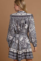 Umgee Full Size Two Tone Floral Border Print Tie Waist Mini Dress Plus Size